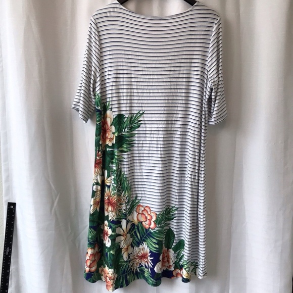 Chico’s Keyhole Striped Paradise Palm Dress Sz L Short Sleeves Stretch Tropical - Picture 9 of 15